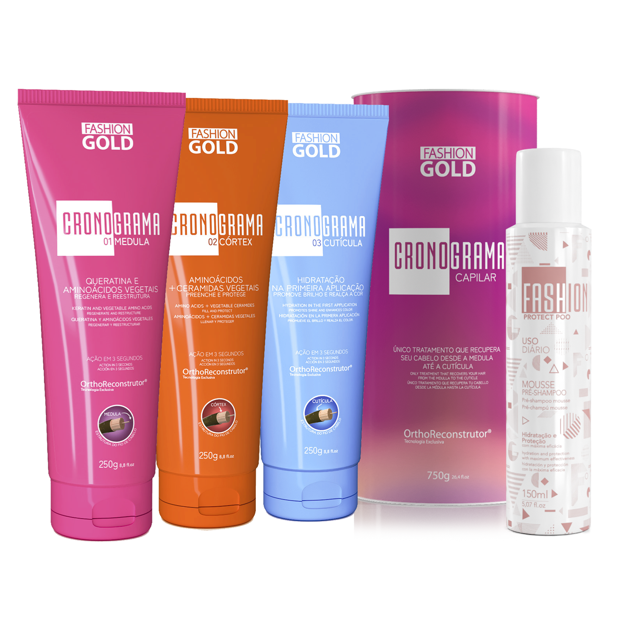 Kit CRONOGRAMA Hair Care System + Protect Poo MOUSSE Pre-Shampoo - 150ml/5.07fl.oz